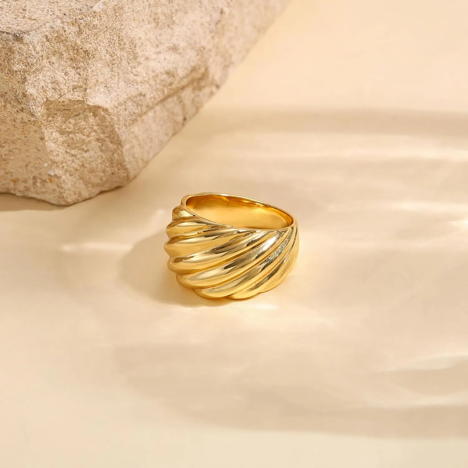 14K Gold Plated Croissant Rings for Women,Dainty Dome Twisted Braided Ring Chunky Stackable Statement Wedding Thumb Band Jewelry Gifts Size 6 to 10
