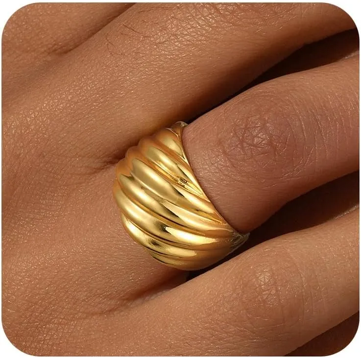 14K Gold Plated Croissant Rings for Women,Dainty Dome Twisted Braided Ring Chunky Stackable Statement Wedding Thumb Band Jewelry Gifts Size 6 to 10