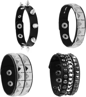 4 Pcs Leather Punk Bracelet Goth Accessory for Women Men 80s Costumes Accessories Studded Gothic Rock Bracelet Cuff