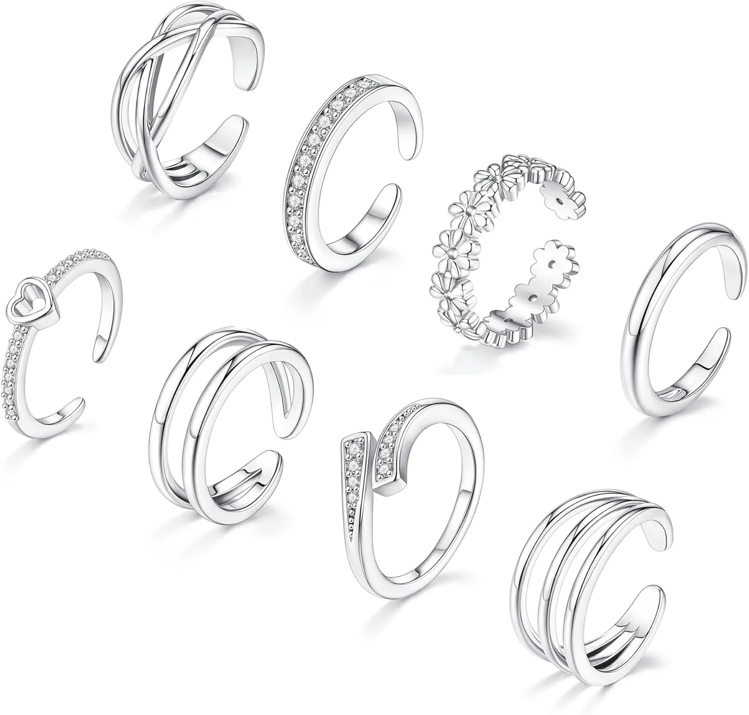 8 Pcs Toe Rings for Women 14K Gold Silver Toe Ring Non Tarnish Simple Open Adjustable Band Toe Rings Set Beach Foot Jewelry for Summer
