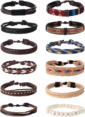 Akeoqi 12-15Pcs Braided Leather Bracelets for Men Women Wooden Beaded Cuff Wrap Bracelet Boho Ethnic Tribal Linen Hemp Cords Stretch Wristbands Bracelets Set Size Adjustable