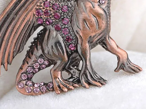 Alilang Antique Rust Gunmetal Fantasy Renaissance Medieval Dragon Pink Crystal Rhinestone Brooch Pin