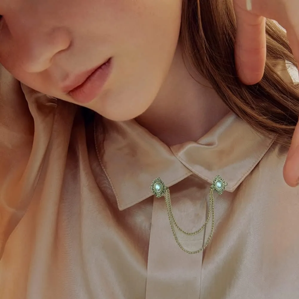 Antique Collar Clips Brooches Lapel Pins for Women Girls Unisex Vintage Elegant Enameled Flower Imitation Pearl Blue Rhinestone Layered Tassel Chain Drop Dangling Necktie Tie Shawl Scarf Dress Accessories Jewelry Christmas Birthday