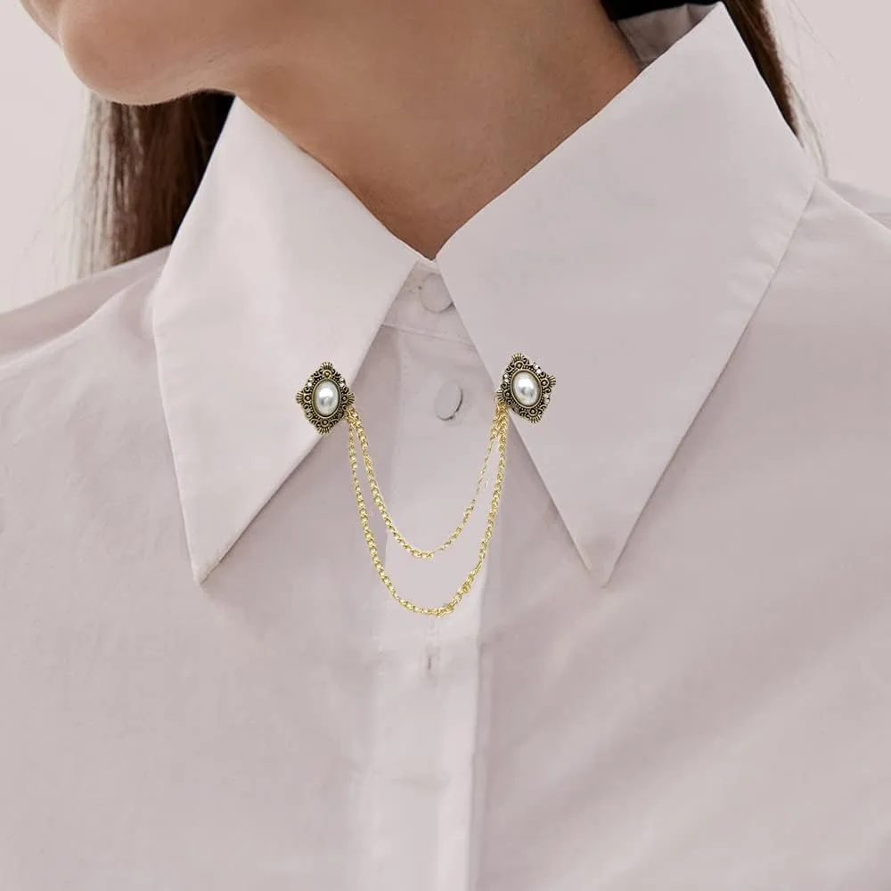 Antique Collar Clips Brooches Lapel Pins for Women Girls Unisex Vintage Elegant Enameled Flower Imitation Pearl Blue Rhinestone Layered Tassel Chain Drop Dangling Necktie Tie Shawl Scarf Dress Accessories Jewelry Christmas Birthday