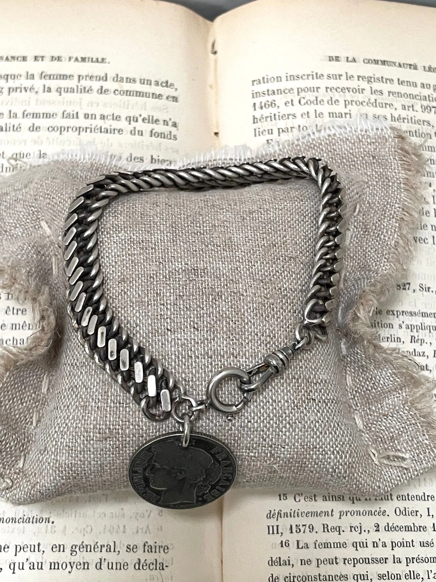 Antique French 1872 Silver Coin Charm Bracelet
