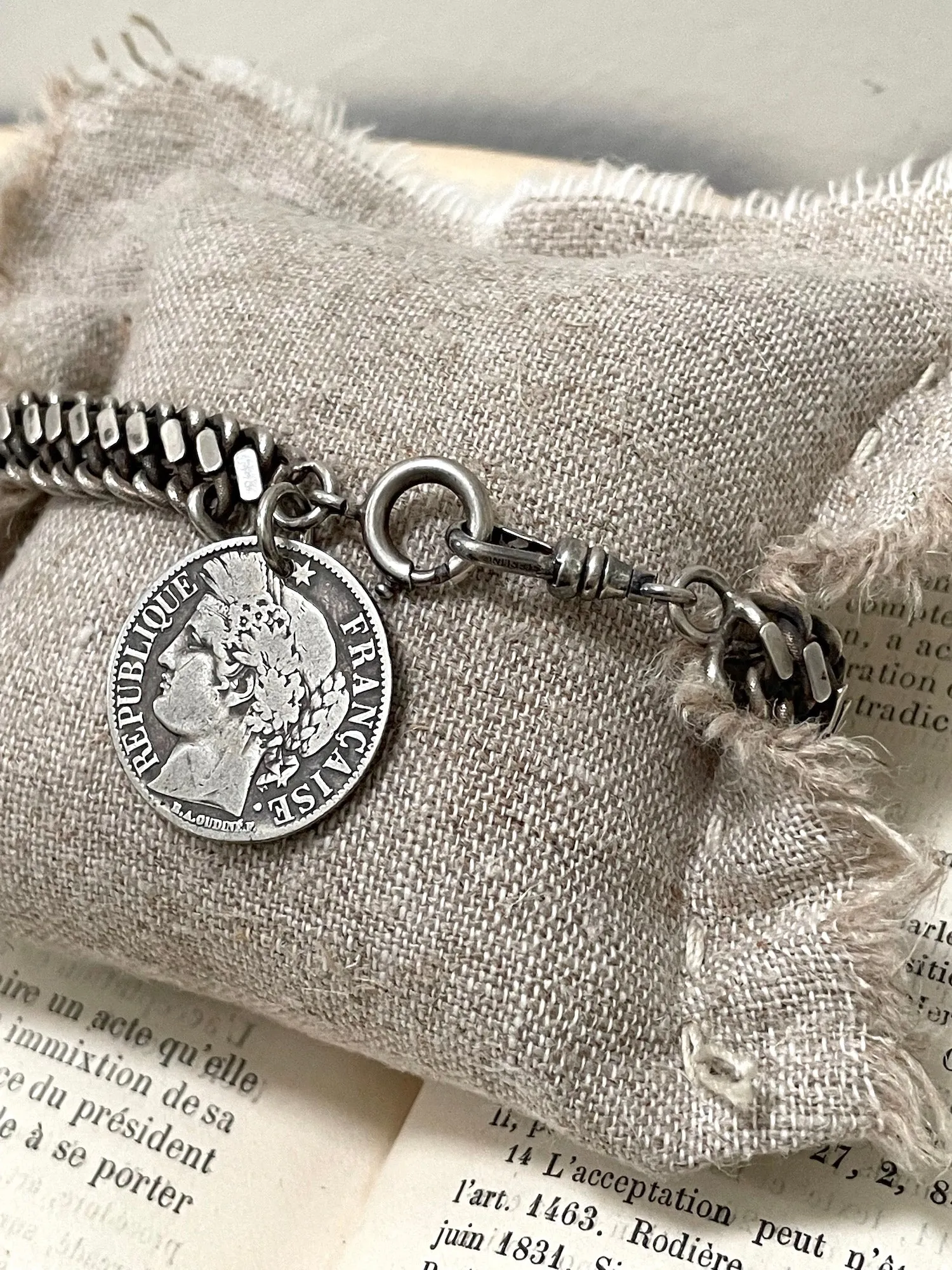 Antique French 1872 Silver Coin Charm Bracelet