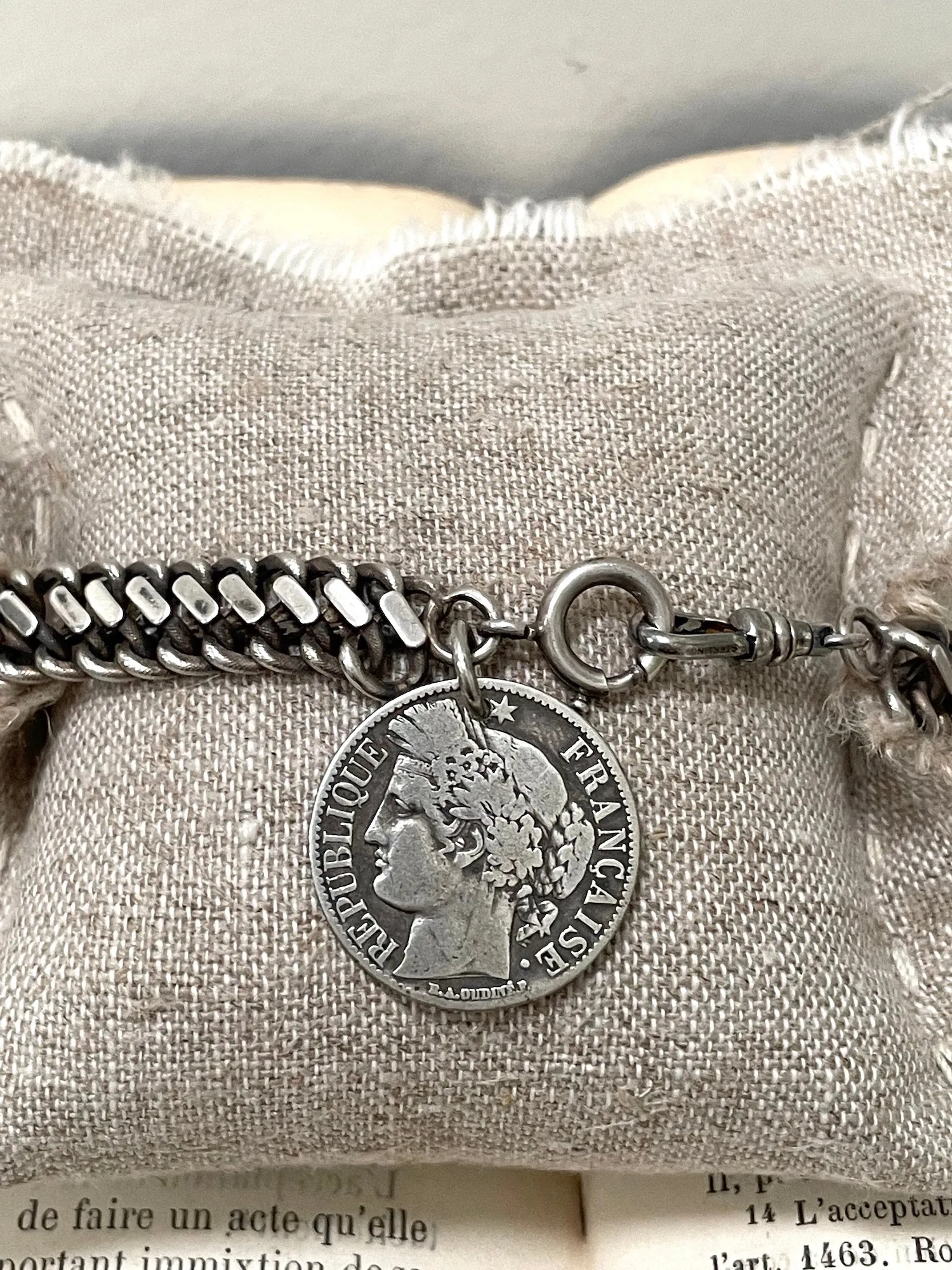 Antique French 1872 Silver Coin Charm Bracelet