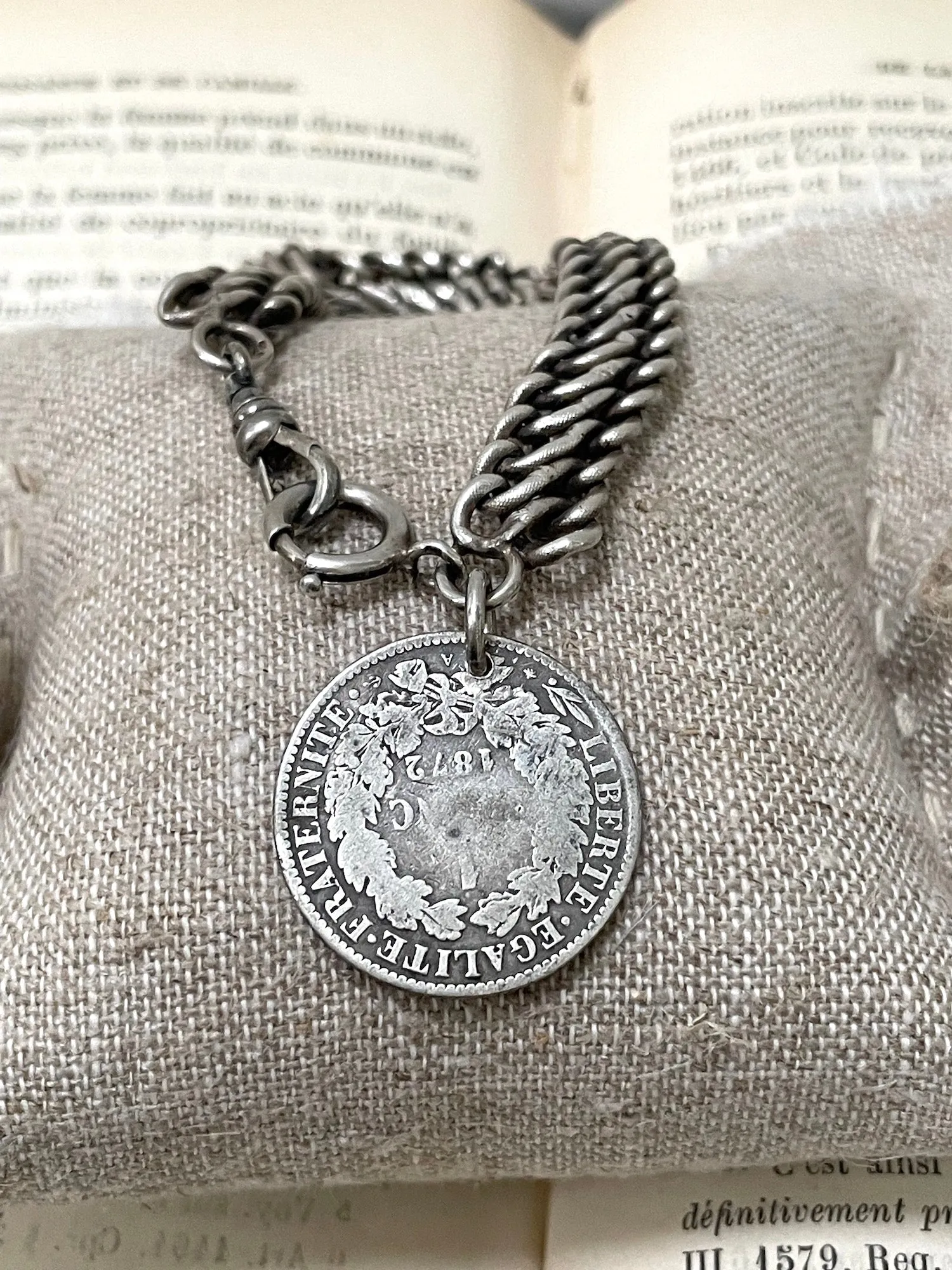 Antique French 1872 Silver Coin Charm Bracelet