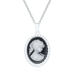 Bling Jewelry Vintage Style Simulated Red Coral Rose Pink Peach Craved Oval Victorian Lady Maiden Cameo Necklace Pendant for Women 925 Sterling Silver Cable Frame Portrait Black