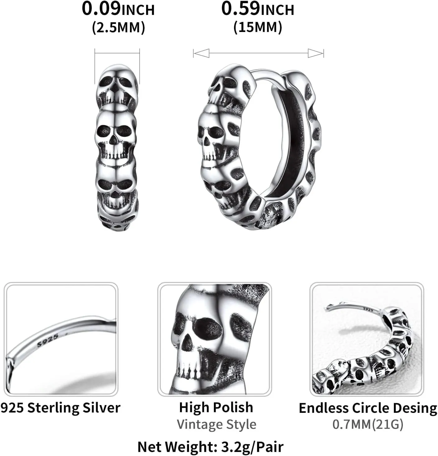 ChicSilver Small Chunky Hoop Earrings White Gold Plated Silver Thick Huggie Hoop Earrings for Women Hypoallergenic Lightweight (with Gift Box)