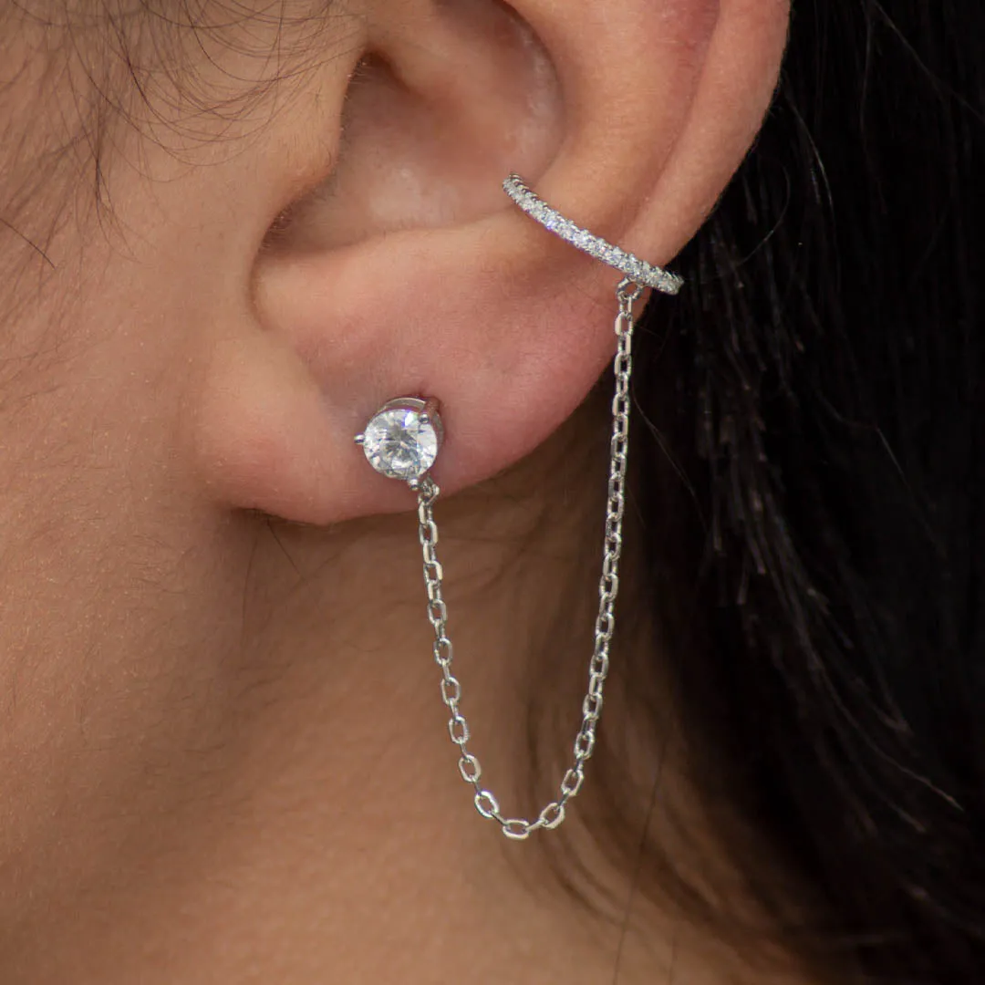 CUFF LOOPED ROUND STONE STUD SILVER EARRING