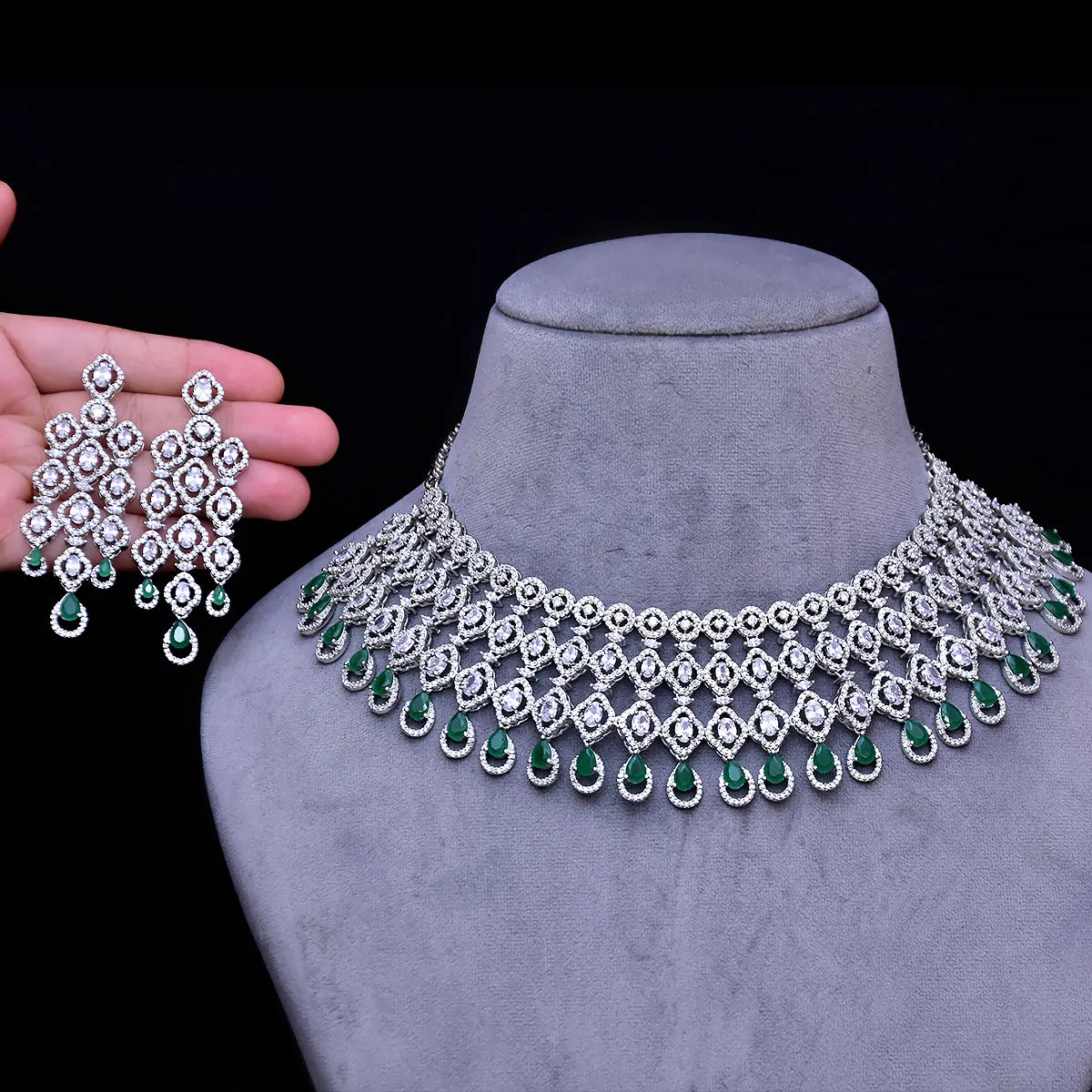 Designer Semi-Precious American Diamond & Green Emerald Necklace with Earrings (D459)