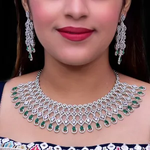Designer Semi-Precious American Diamond & Green Emerald Necklace with Earrings (D459)