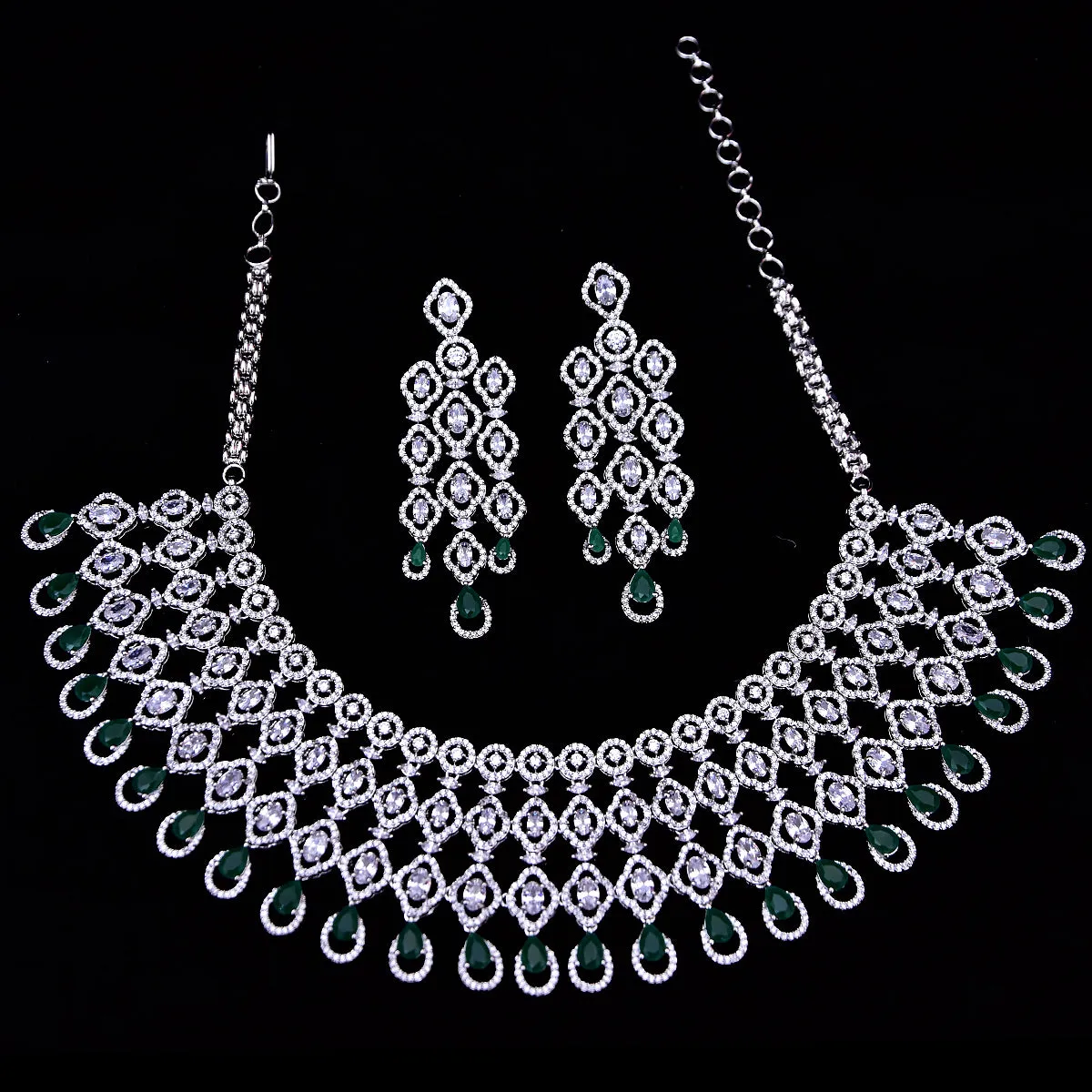 Designer Semi-Precious American Diamond & Green Emerald Necklace with Earrings (D459)