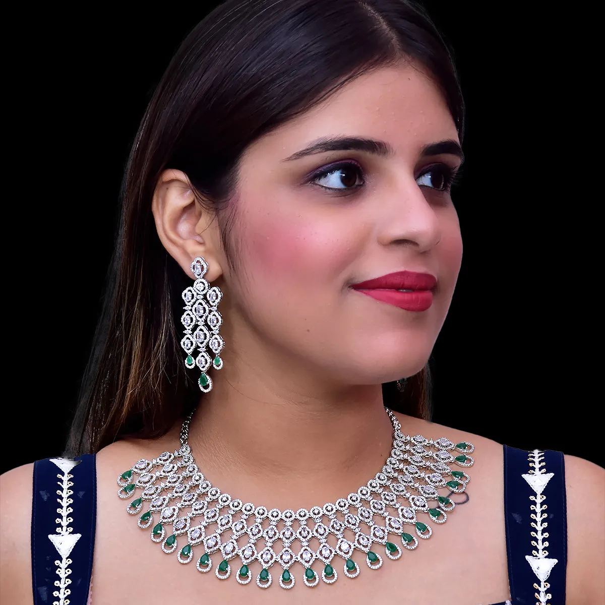 Designer Semi-Precious American Diamond & Green Emerald Necklace with Earrings (D459)