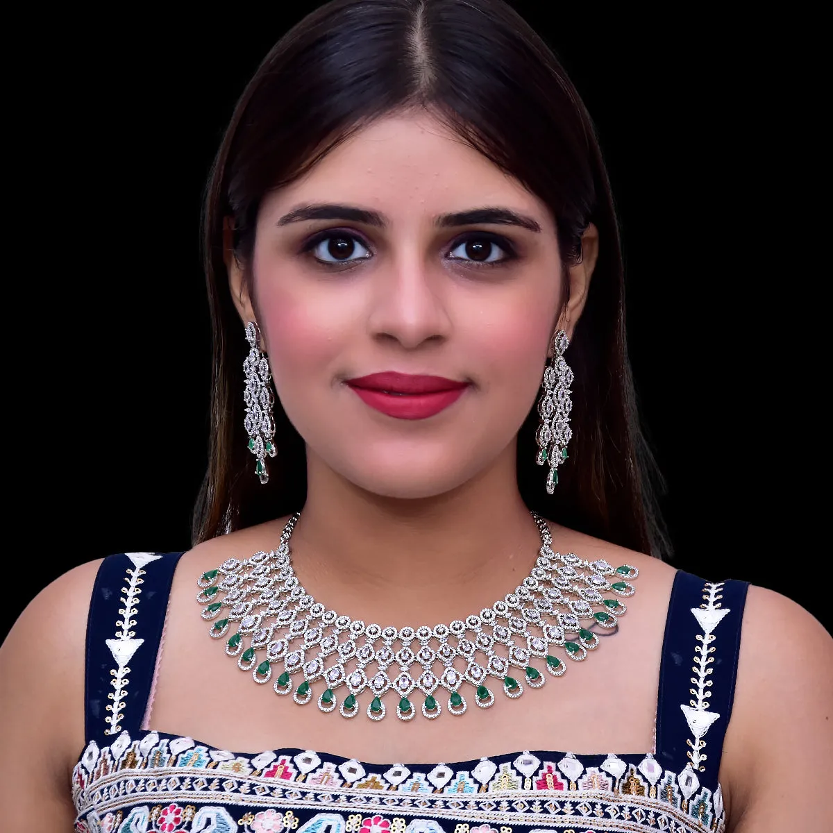Designer Semi-Precious American Diamond & Green Emerald Necklace with Earrings (D459)