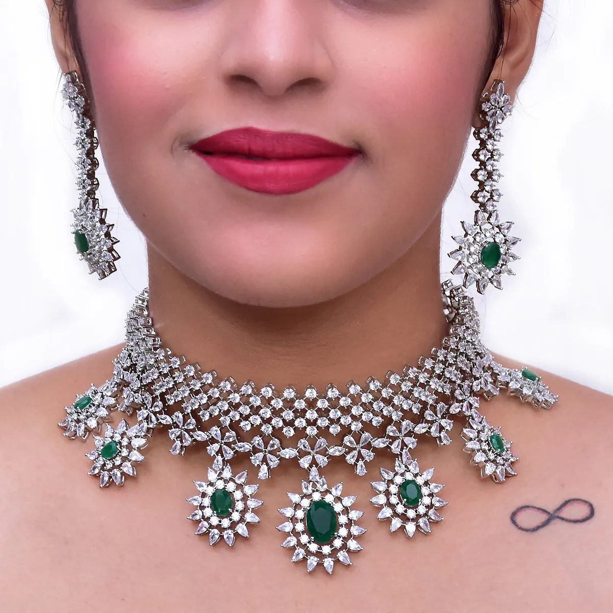 Designer Semi-Precious American Diamond & Green Emerald Necklace with Earrings (D466)