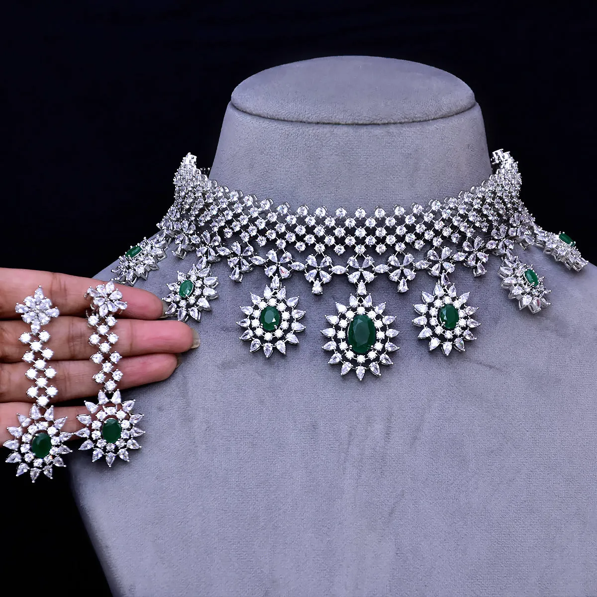 Designer Semi-Precious American Diamond & Green Emerald Necklace with Earrings (D466)