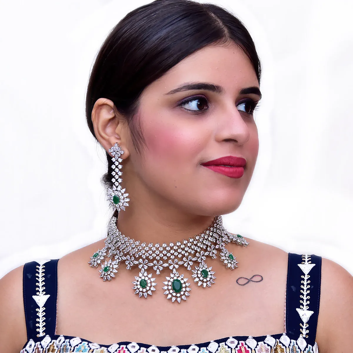 Designer Semi-Precious American Diamond & Green Emerald Necklace with Earrings (D466)
