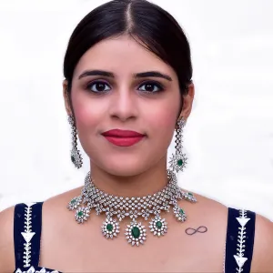Designer Semi-Precious American Diamond & Green Emerald Necklace with Earrings (D466)