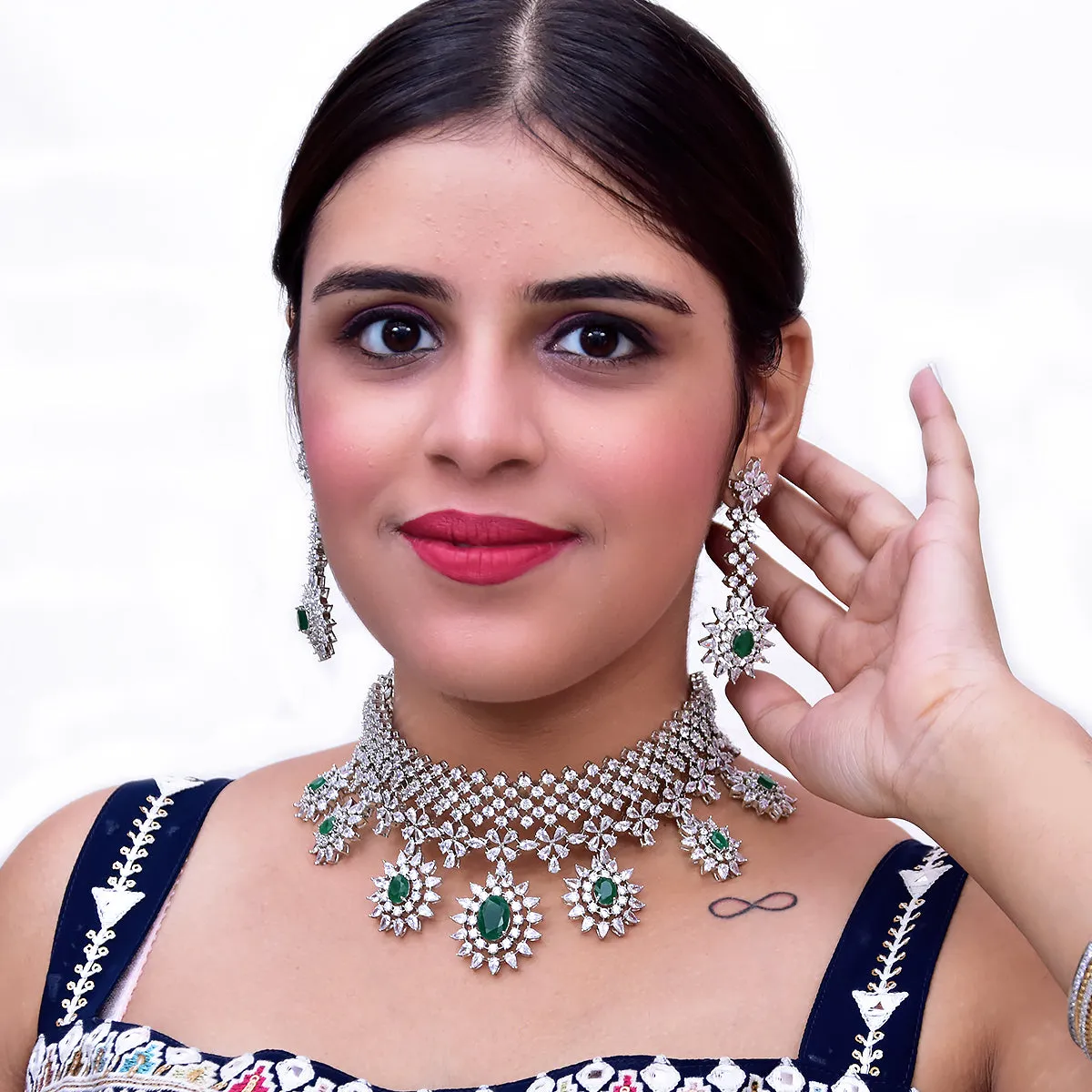 Designer Semi-Precious American Diamond & Green Emerald Necklace with Earrings (D466)