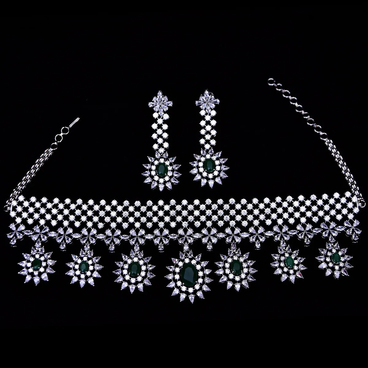 Designer Semi-Precious American Diamond & Green Emerald Necklace with Earrings (D466)