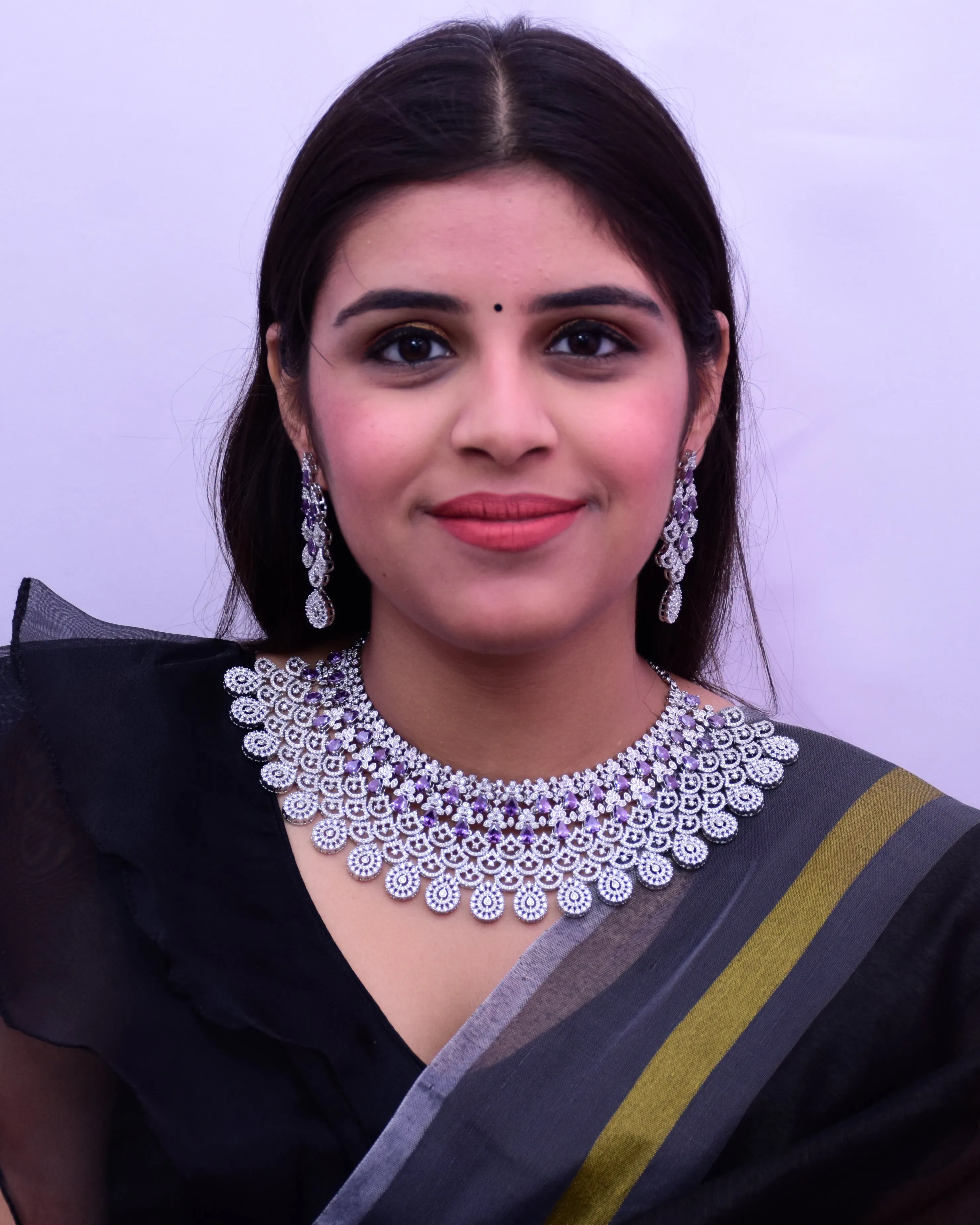 Designer Semi-Precious American Diamond & Purple Necklace with Earrings (D675)