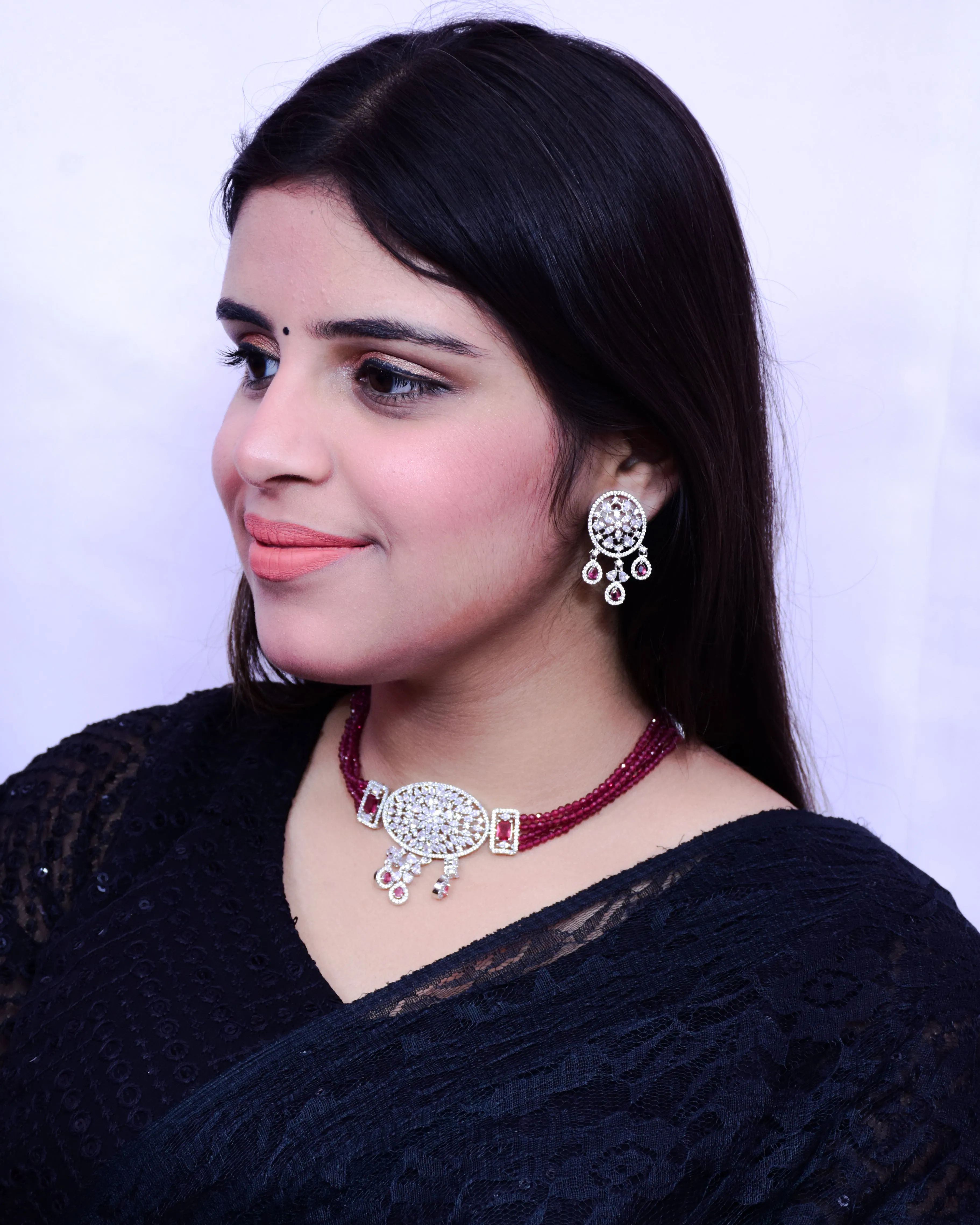 Designer Semi-Precious American Diamond & Ruby Choker Style Necklace with Earrings (D693)