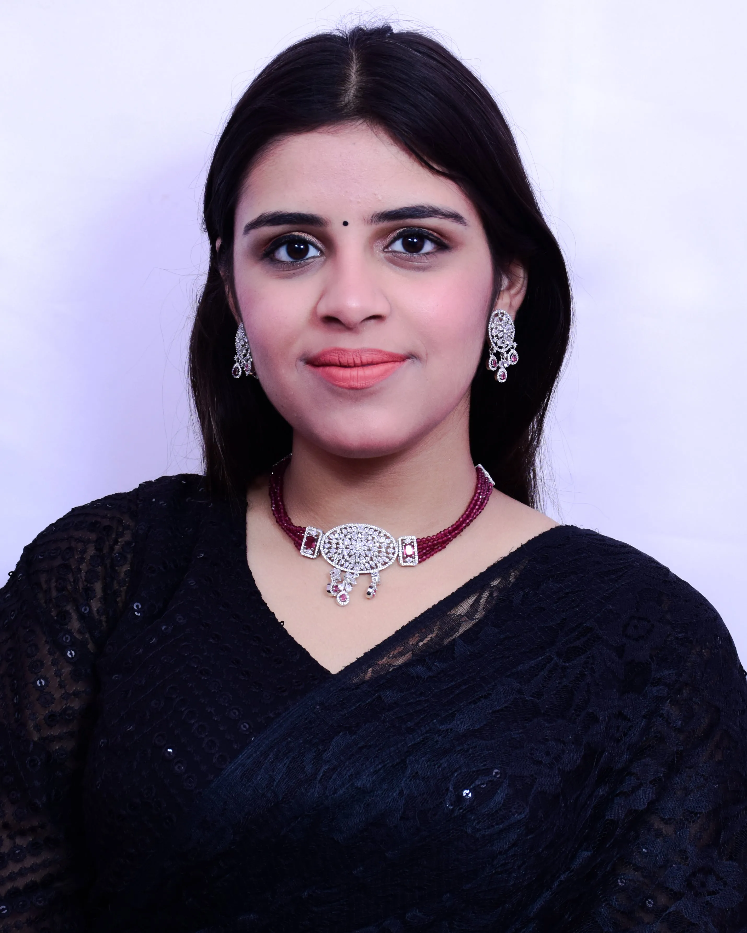 Designer Semi-Precious American Diamond & Ruby Choker Style Necklace with Earrings (D693)