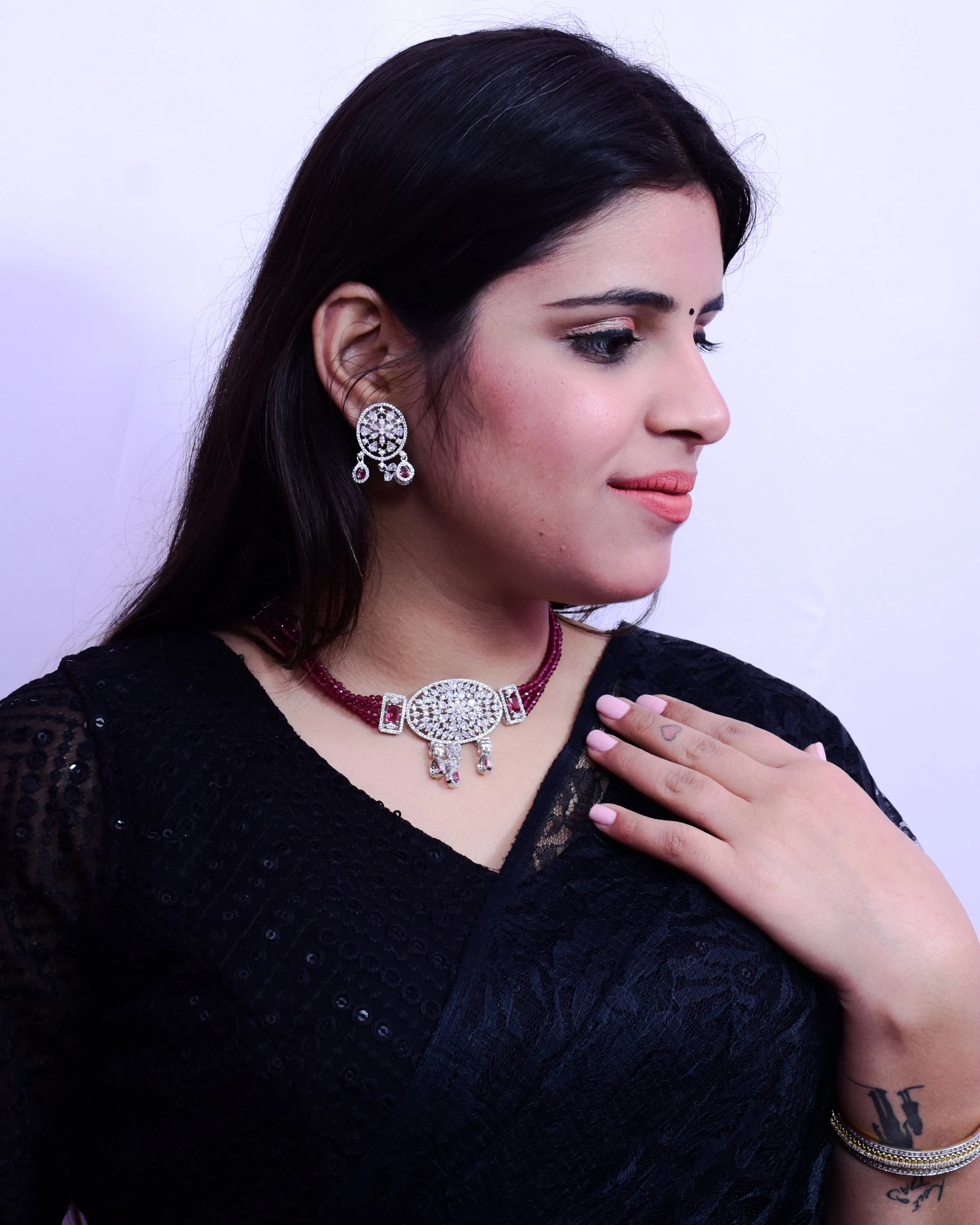Designer Semi-Precious American Diamond & Ruby Choker Style Necklace with Earrings (D693)