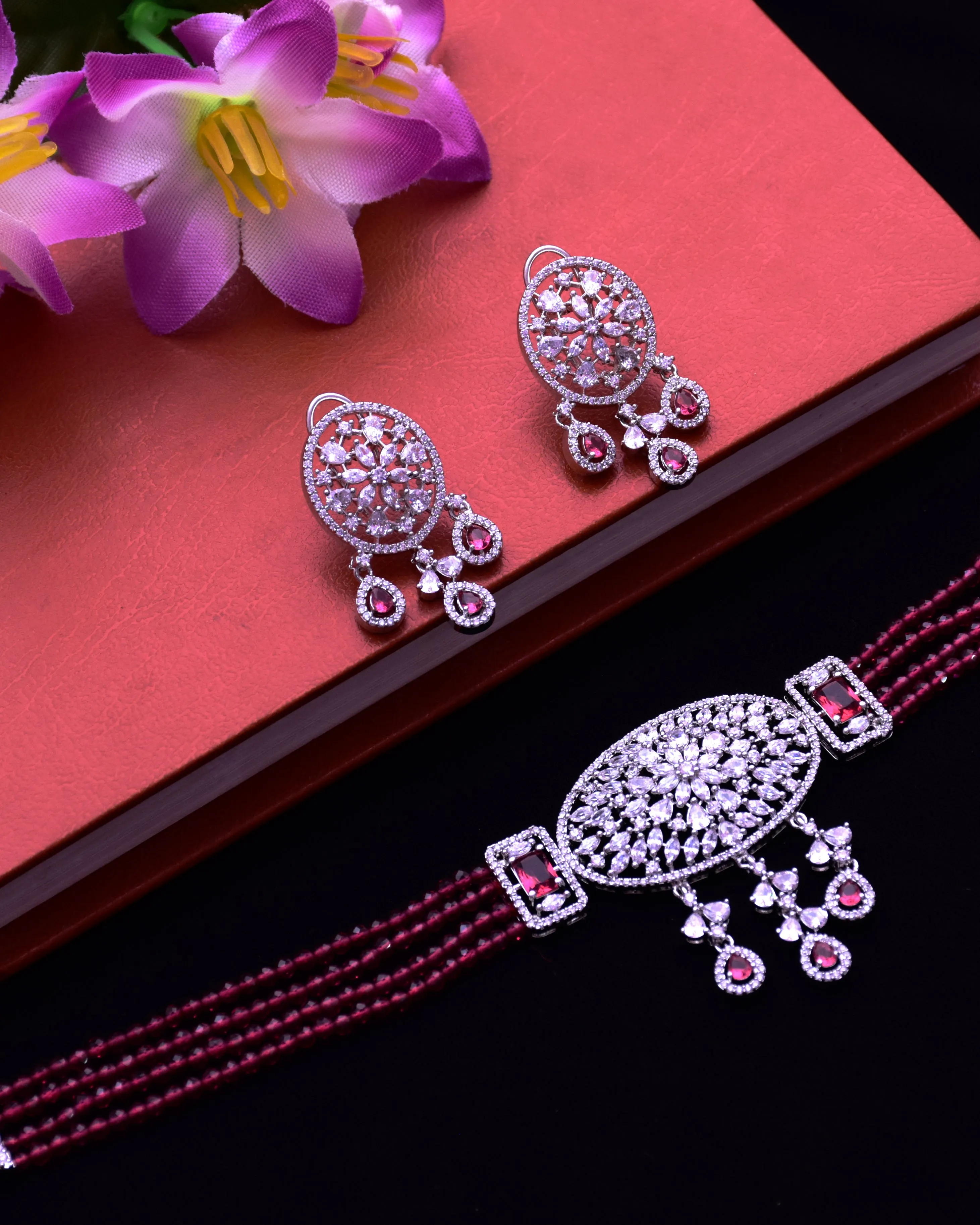 Designer Semi-Precious American Diamond & Ruby Choker Style Necklace with Earrings (D693)