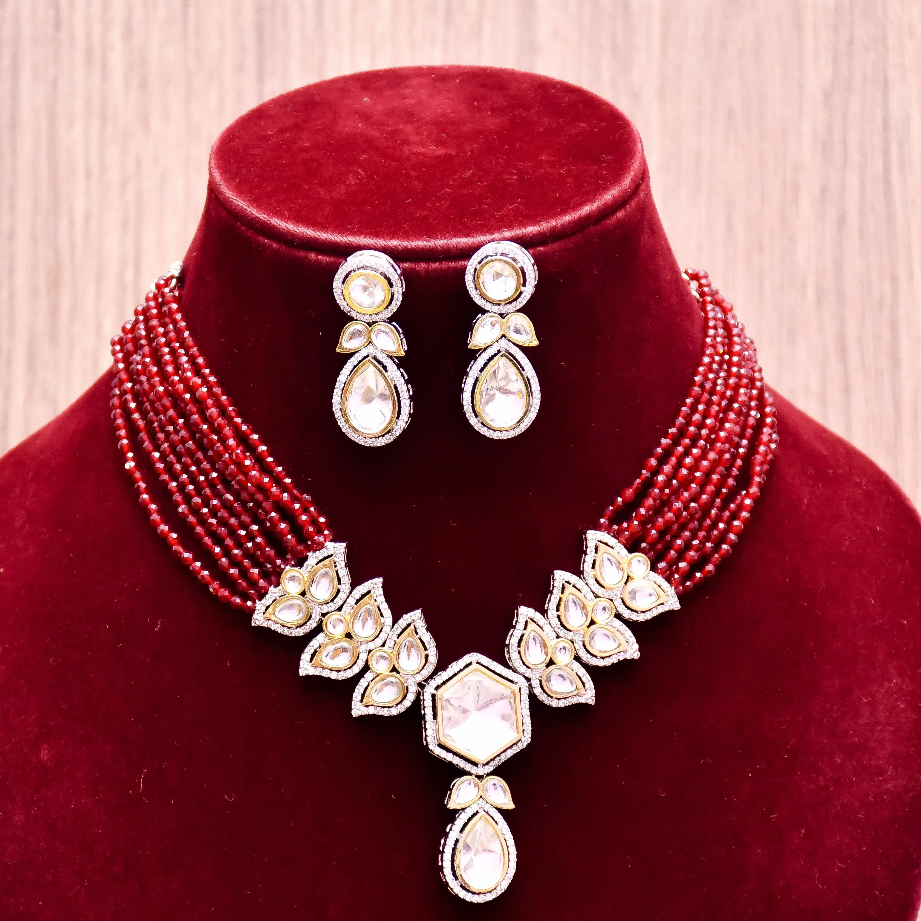 Designer Semi-Precious American Diamond & Ruby Color Beads Necklace with Earrings (D625)