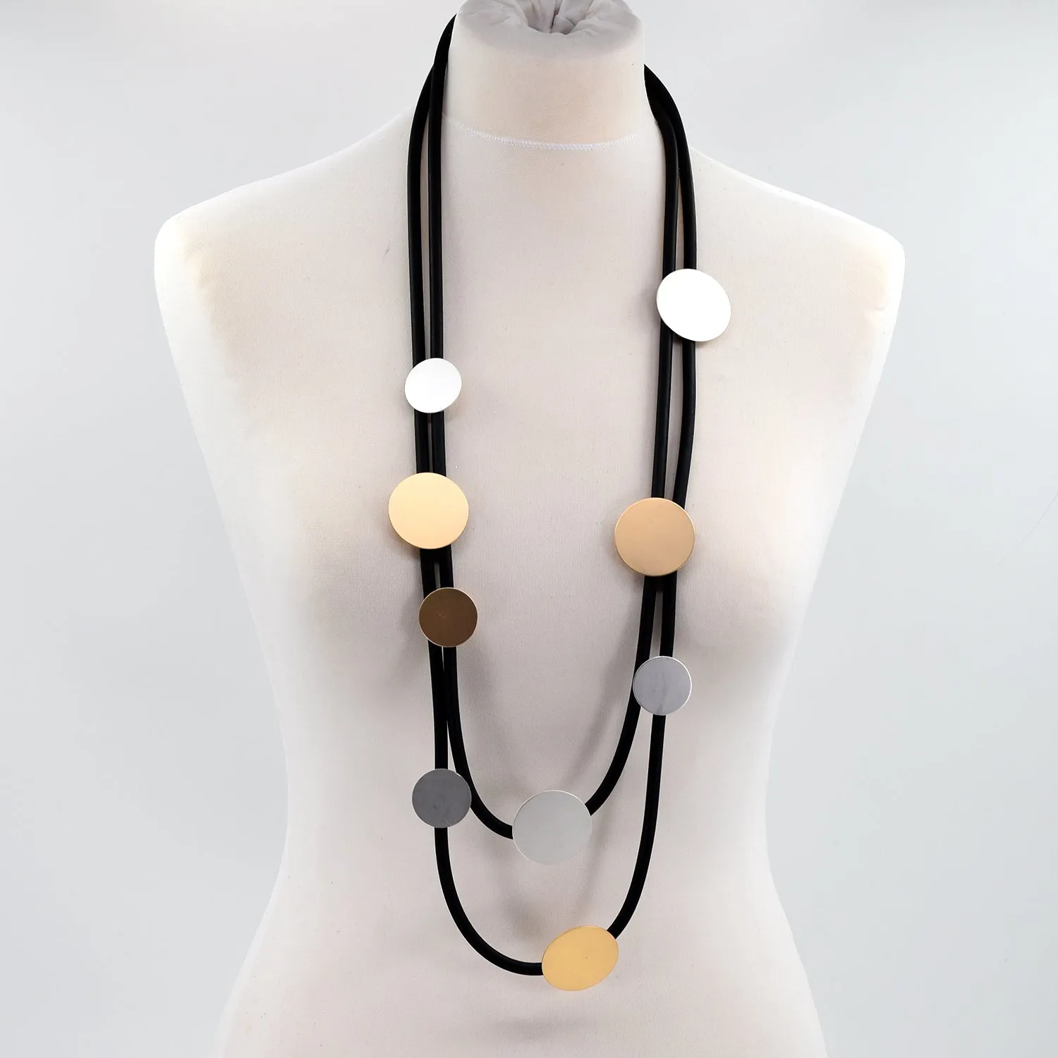 Double strand neoprene long necklace with circle pendants