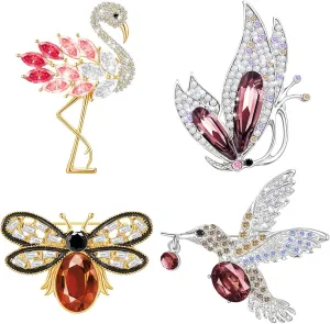 Ecally 4 Pcs Animal Brooches Pins Rhinestone Crystal Bee Brooch Hummingbird Flamingos Butterfly Pin Jewelry Gift Bridal Wedding for Women Girls