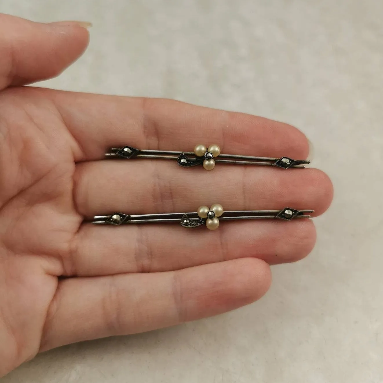Edwardian Matching Lace Pins Sterling Silver, Pearl and Marcasite