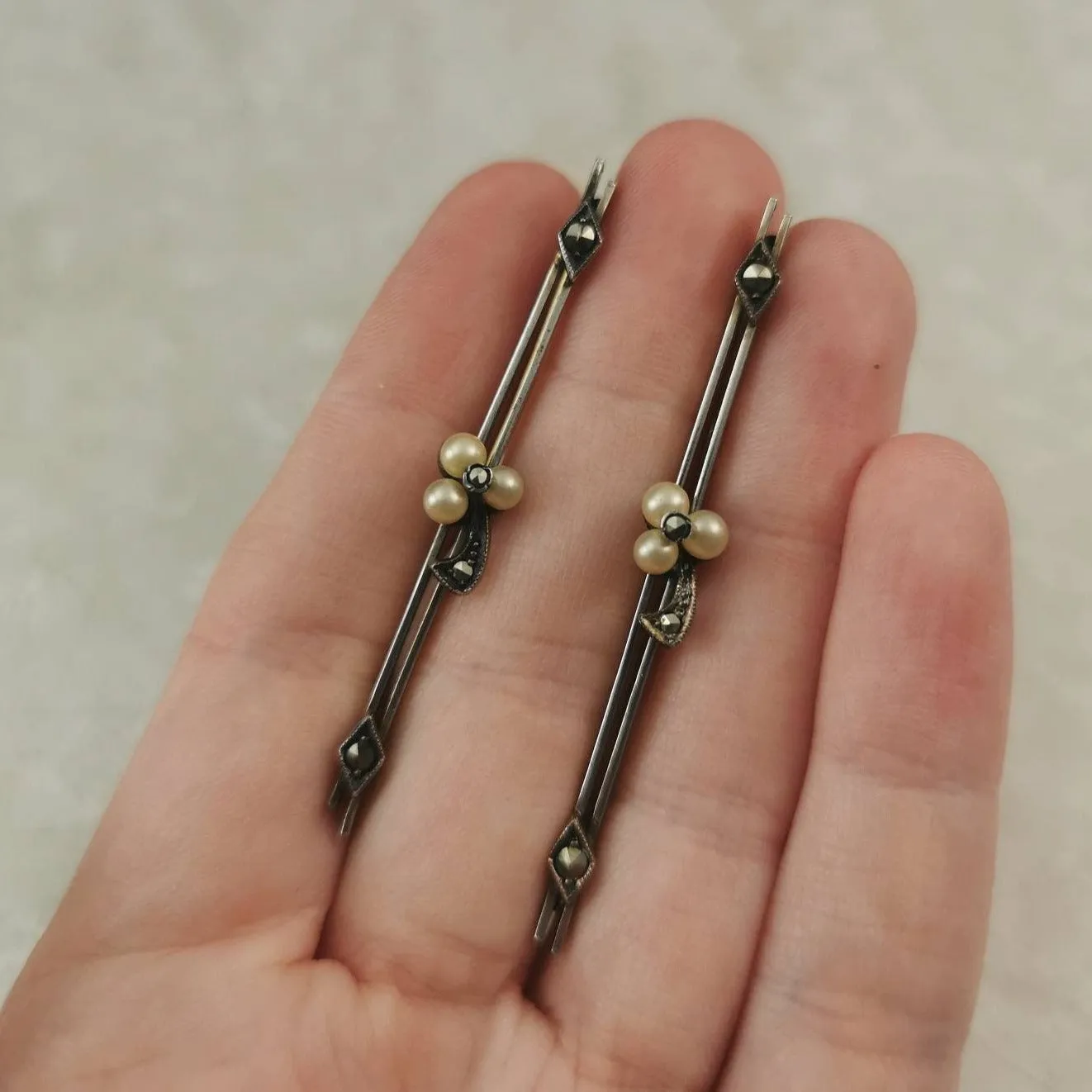 Edwardian Matching Lace Pins Sterling Silver, Pearl and Marcasite