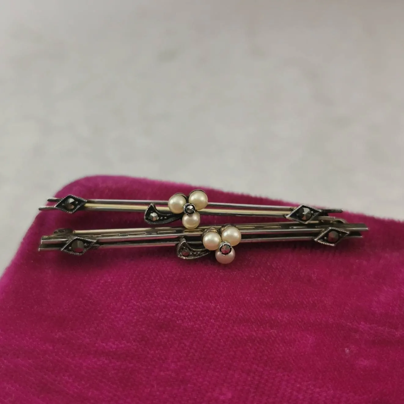 Edwardian Matching Lace Pins Sterling Silver, Pearl and Marcasite