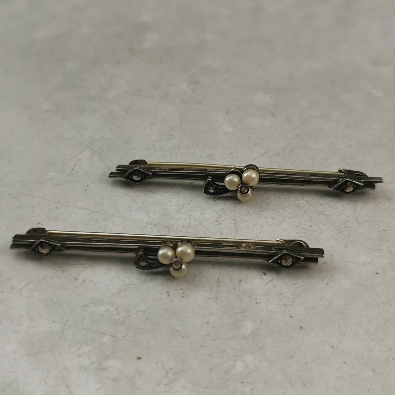 Edwardian Matching Lace Pins Sterling Silver, Pearl and Marcasite