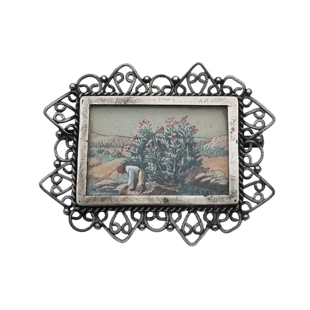 French brooch in silver with miniature painting signed by j. Granion.