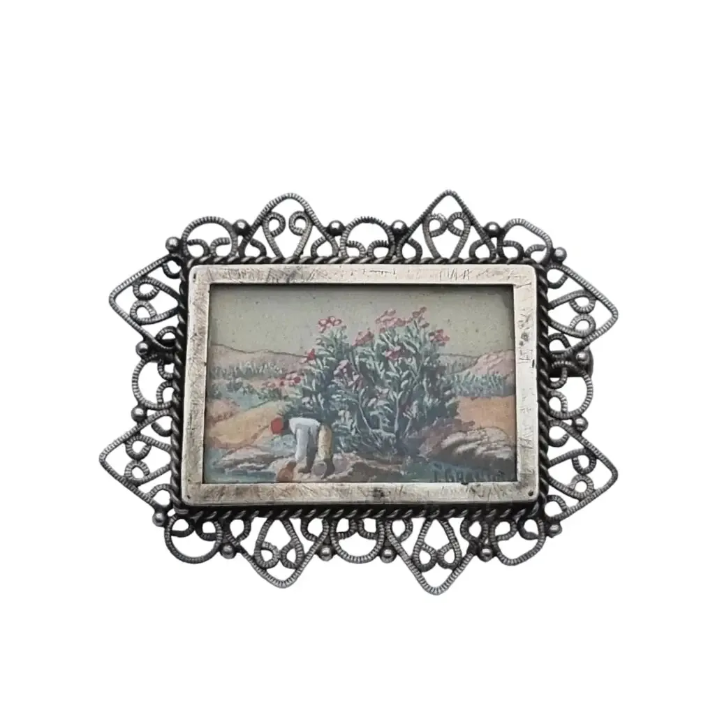 French brooch in silver with miniature painting signed by j. Granion.