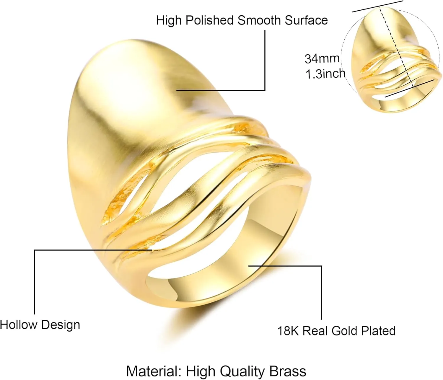 Gold and Silver Rings for Women, Fashion 18K Gold Plated Chunky Statement Ring Band Dome Mask Design Cocktail Costume Jewelry for Her