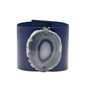 HANDCRAFTED CUFF - NAVY BLUE LEATHER BROWN AGATE - 6CMNABR