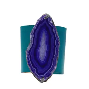 HANDCRAFTED CUFF - TEAL LEATHER WITH PURPLE AGATE - 6CMTEPU1.1