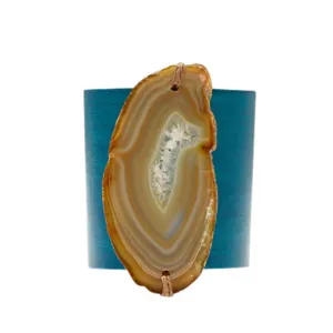 HANDCRAFTED CUFF - TEAL LEATHER WITH YELLOW AGATE - 6CMTEYE1.1