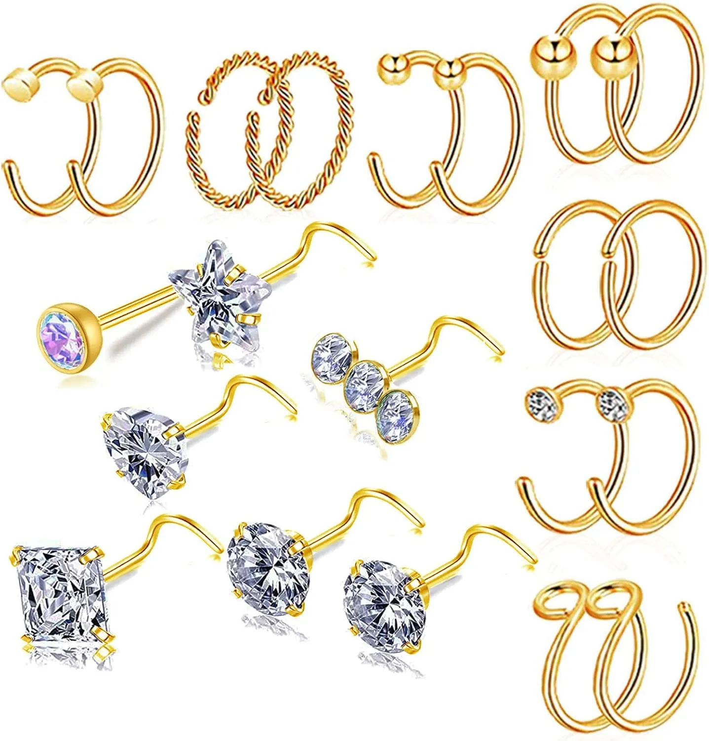 Hypoallergenic 20G L-Shaped Nose Rings - Surgical Steel Hoops & Studs - Gold, Silver, Black Colored