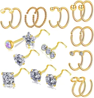 Hypoallergenic 20G L-Shaped Nose Rings - Surgical Steel Hoops & Studs - Gold, Silver, Black Colored