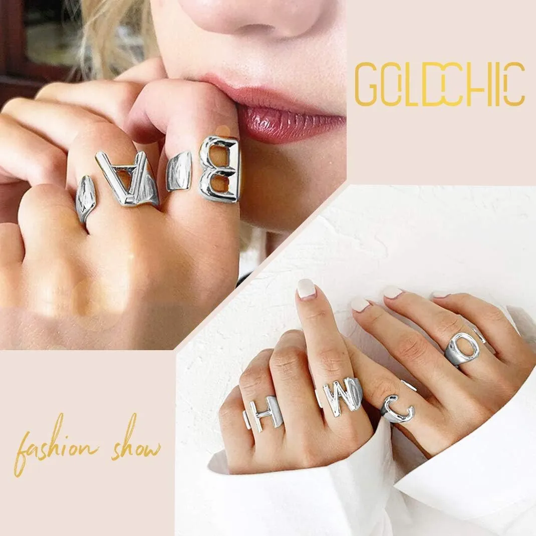 KeyStyle Bold Initial Letter Rings Adjustable, GoldChic Jewelry Women Gold Statement Ring Personalized Engraved Womens Open Signet Ring for Party (Gold, White Gold, Black)