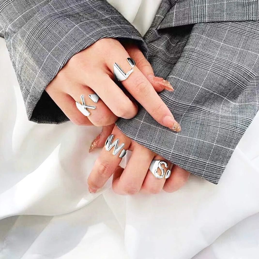 KeyStyle Bold Initial Letter Rings Adjustable, GoldChic Jewelry Women Gold Statement Ring Personalized Engraved Womens Open Signet Ring for Party (Gold, White Gold, Black)