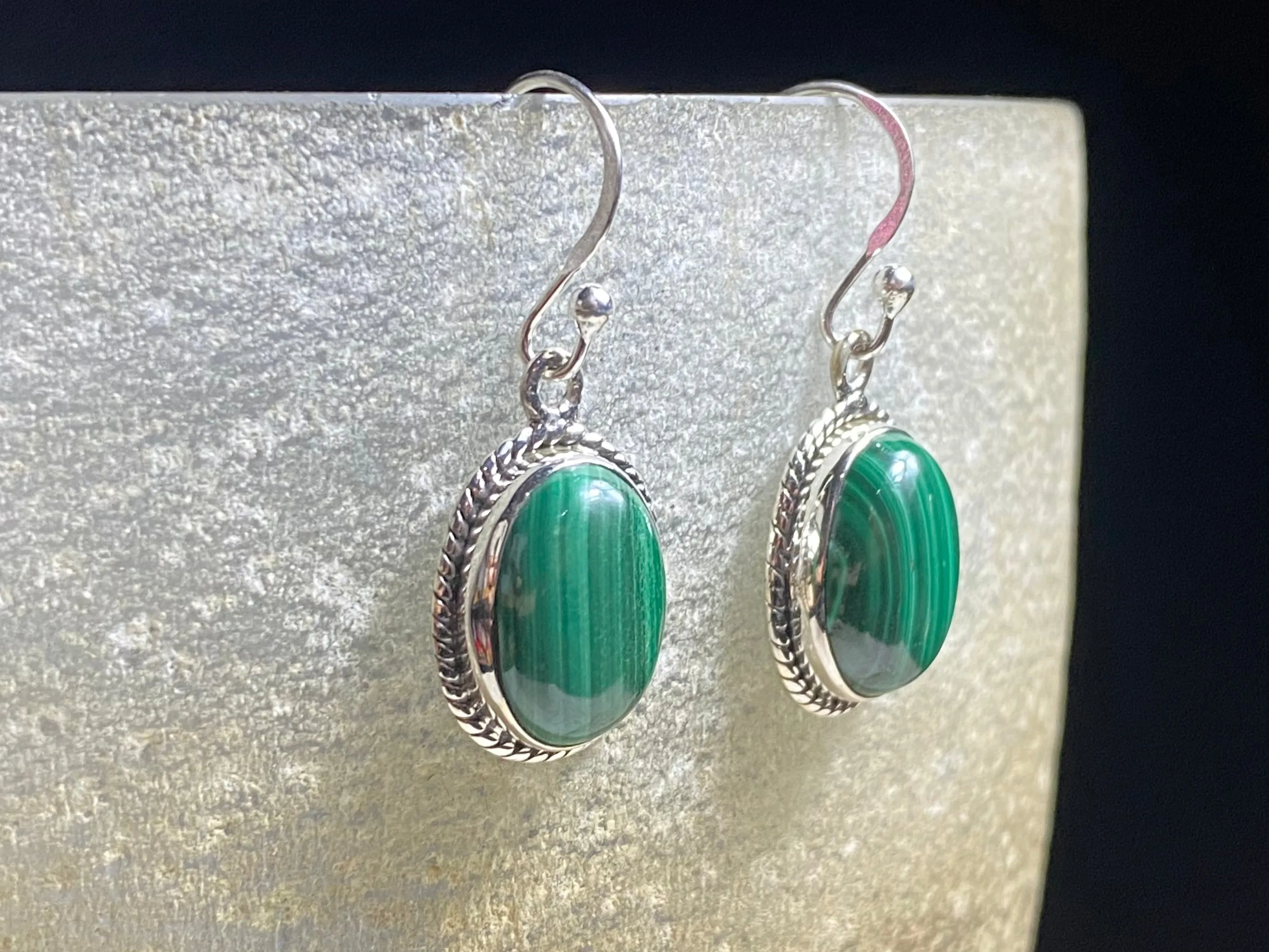 Large Malachite Silver Earrings