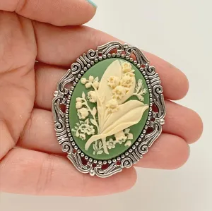 Lily of the Valley Cameo Brooch in Green and Silver